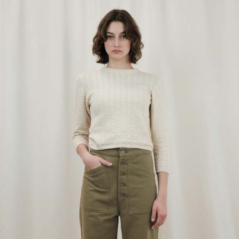 MICAELA GREG The Lace Knit Top in Cream Pima Cotton Fine Pointelle Sweater Top M